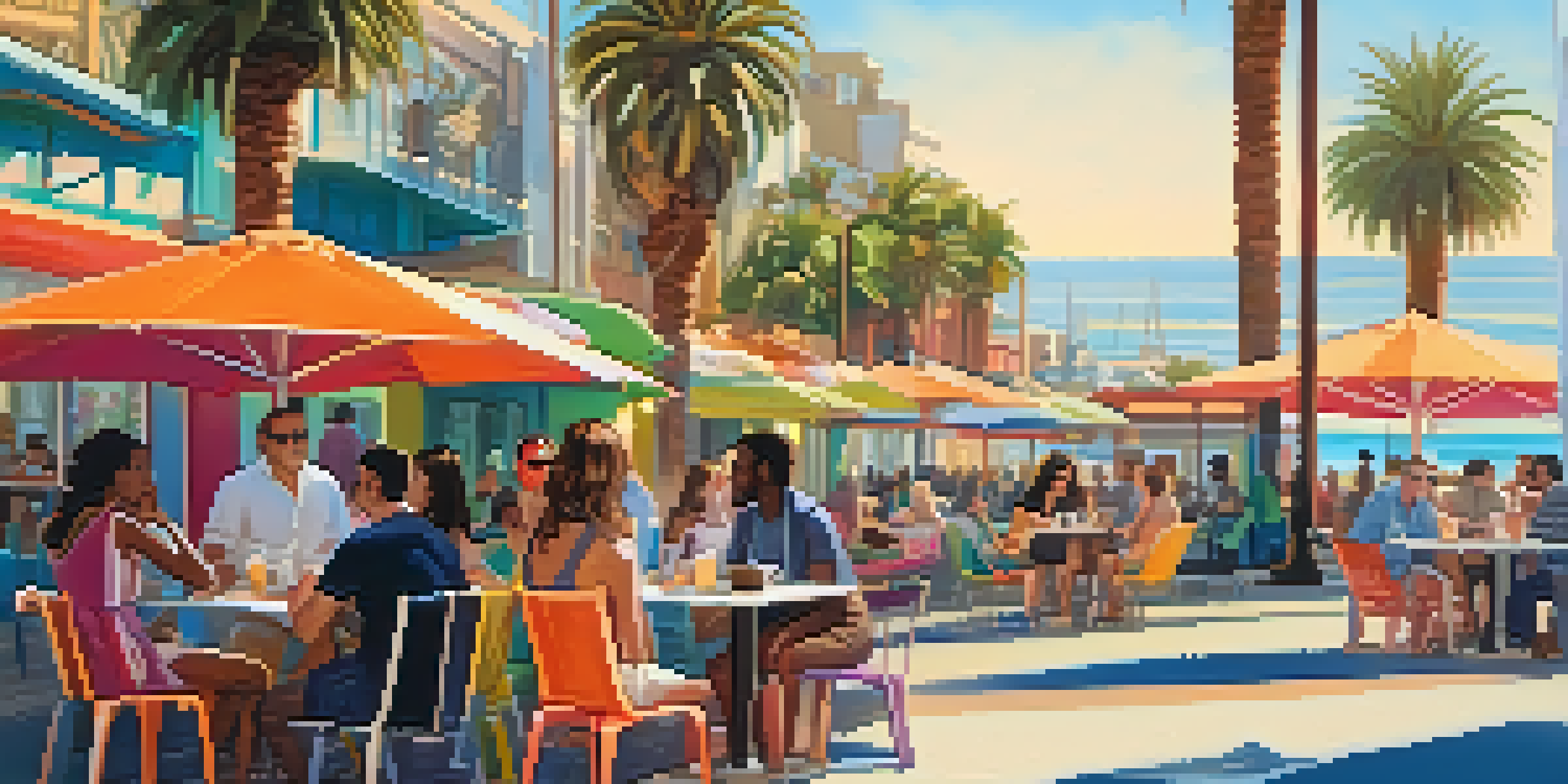 A diverse group of podcast hosts engaging in conversation at an outdoor café in Santa Monica, with colorful murals and palm trees around them.