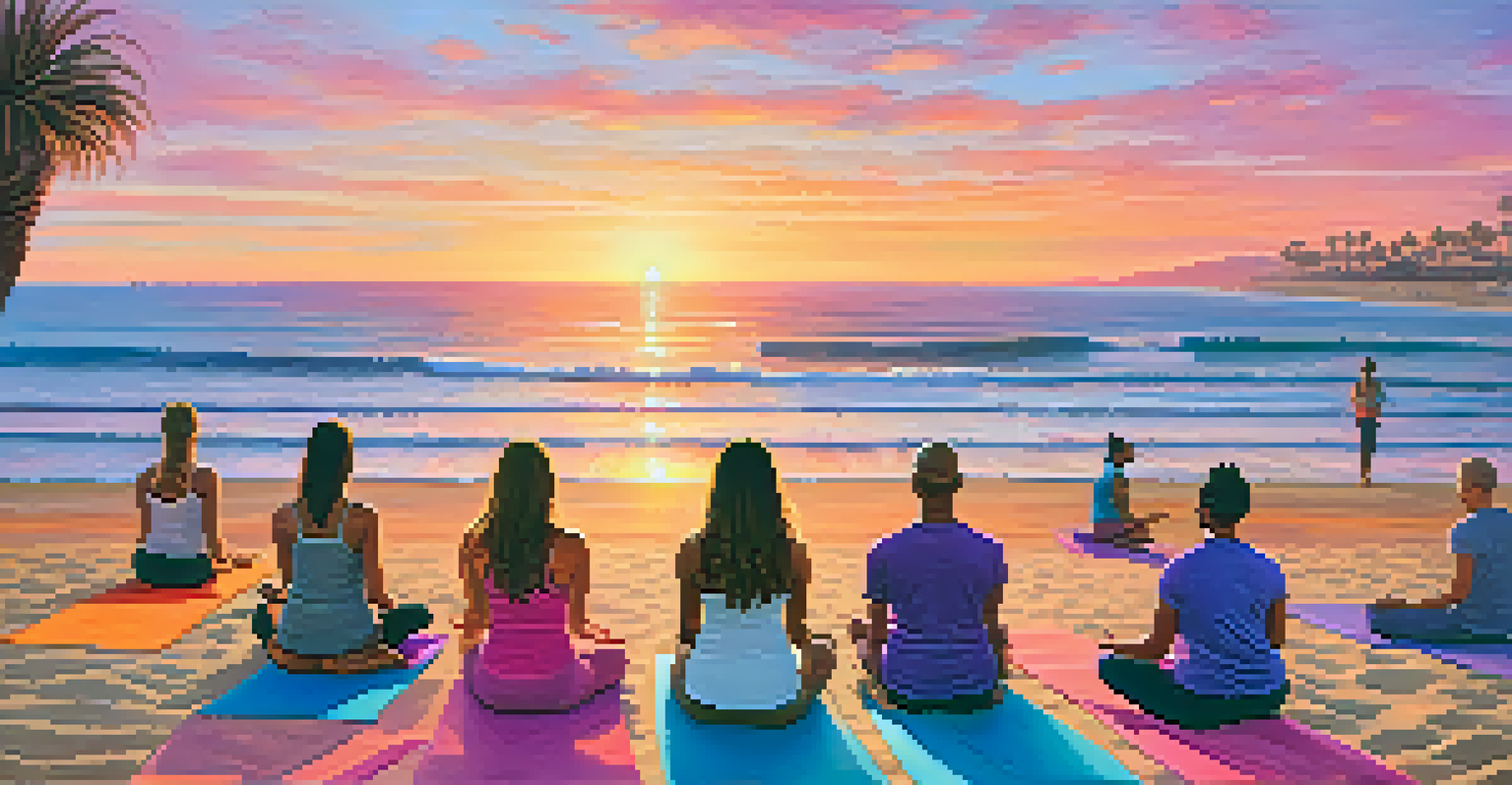 A group of people practicing yoga on the beach at sunset with colorful skies and palm trees.