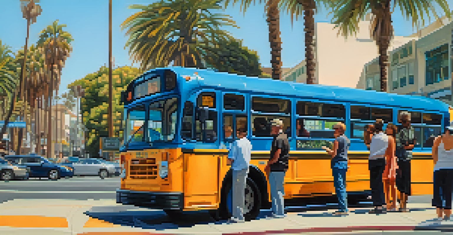 A busy Santa Monica bus stop with people waiting and the Big Blue Bus parked.