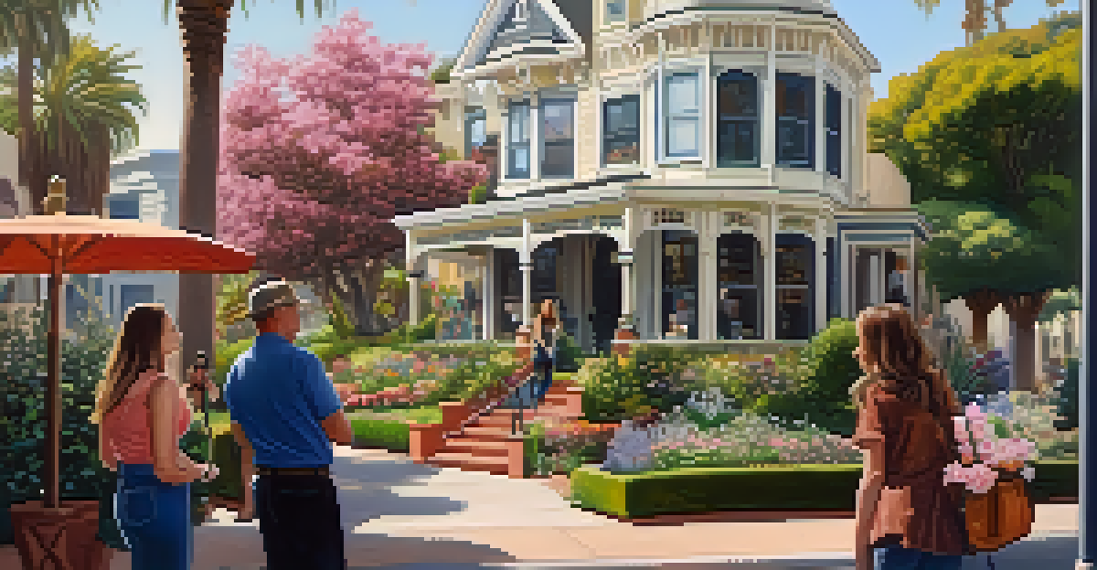 A guided walking tour in Santa Monica's historic district with Victorian homes and engaged tourists.