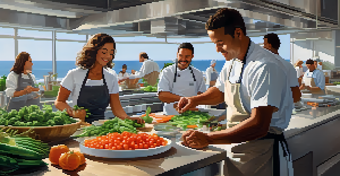 A lively cooking class in Santa Monica with diverse participants preparing colorful dishes under bright natural light with ocean views.