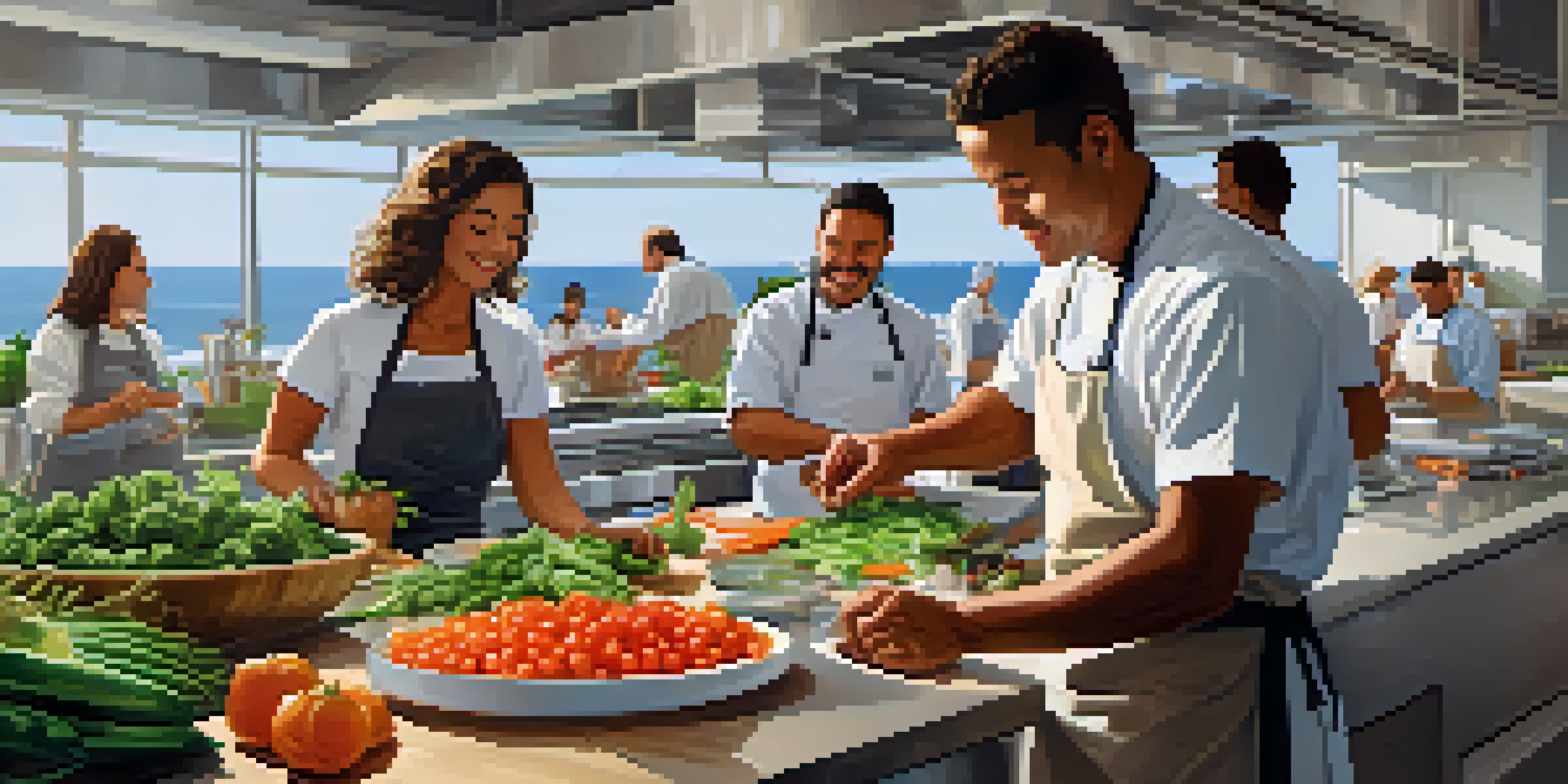 A lively cooking class in Santa Monica with diverse participants preparing colorful dishes under bright natural light with ocean views.