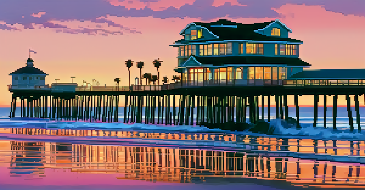 A stunning sunset view of Santa Monica's coastline with a historic pier filled with people, vibrant colors in the sky reflecting on the water, and palm trees in silhouette.