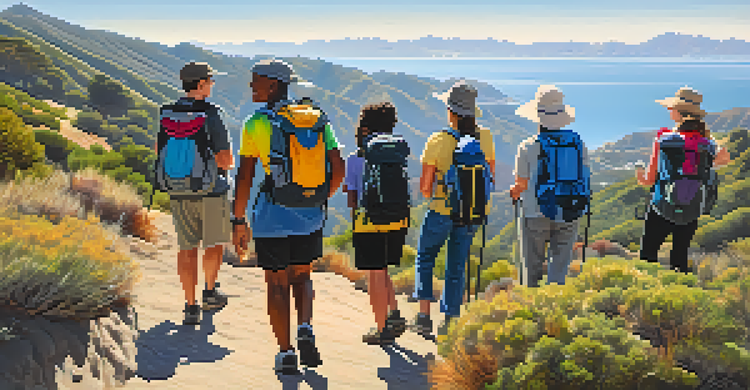 A group of diverse hikers enjoying a sunny day on the Backbone Trail with scenic mountain views.