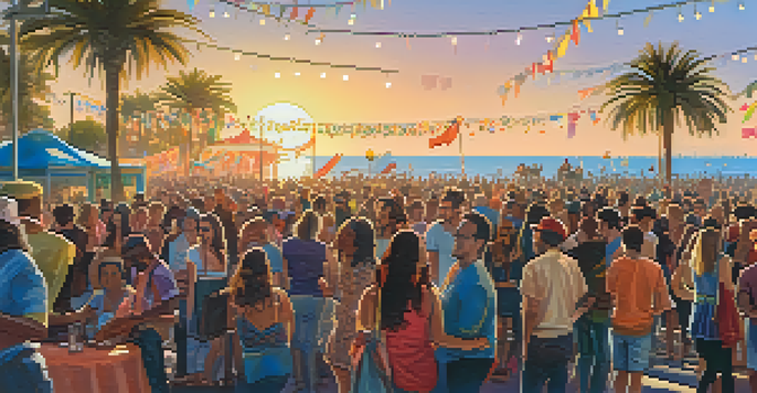 A vibrant outdoor music festival in Santa Monica with diverse musicians on stage and a colorful crowd enjoying the music against a sunset backdrop.