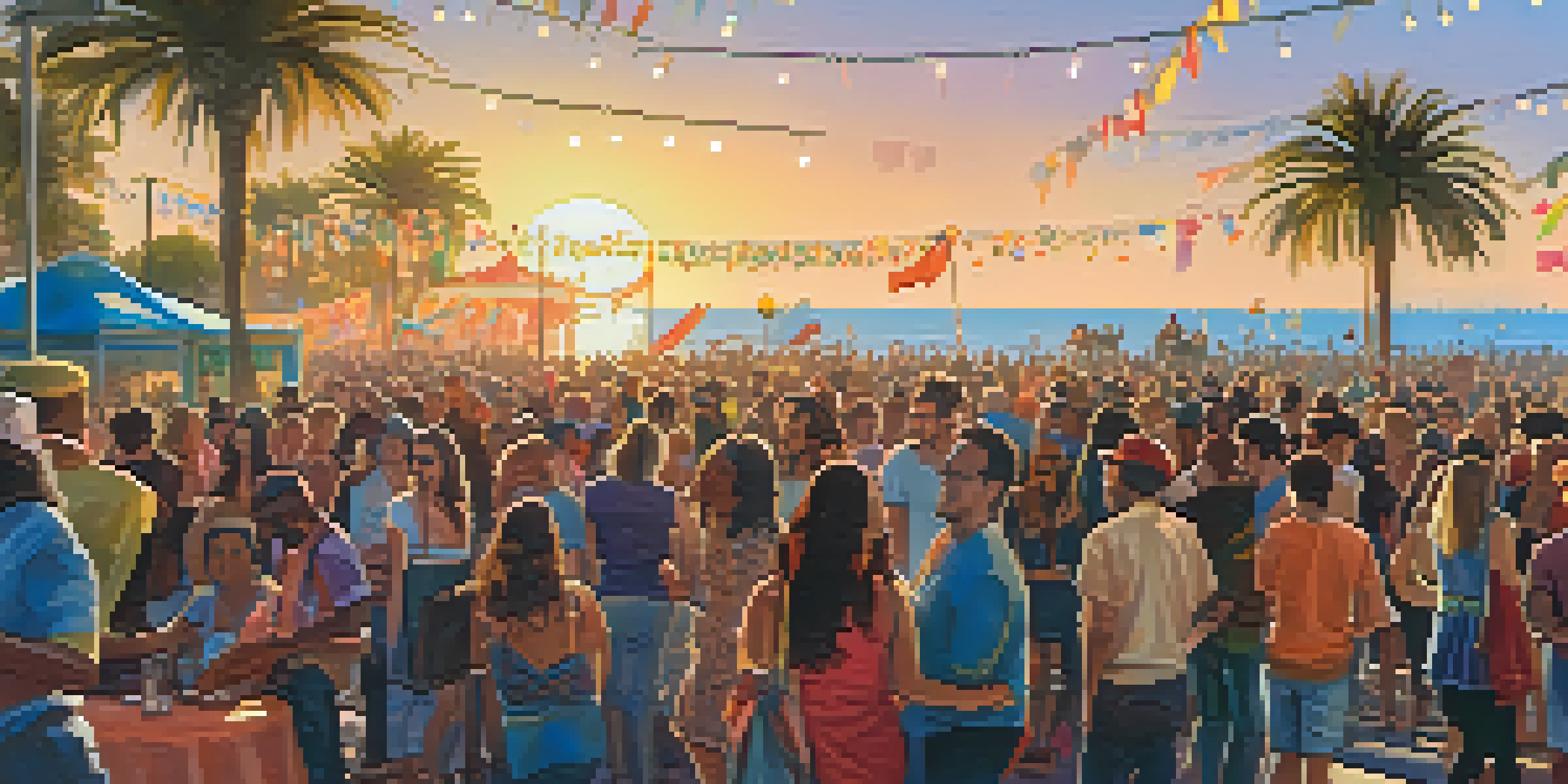 A vibrant outdoor music festival in Santa Monica with diverse musicians on stage and a colorful crowd enjoying the music against a sunset backdrop.