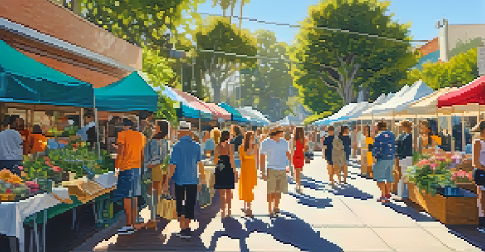An outdoor market in Santa Monica featuring colorful clothing stalls with local fashion designers, surrounded by greenery and flowers, with sunlight filtering through the leaves.
