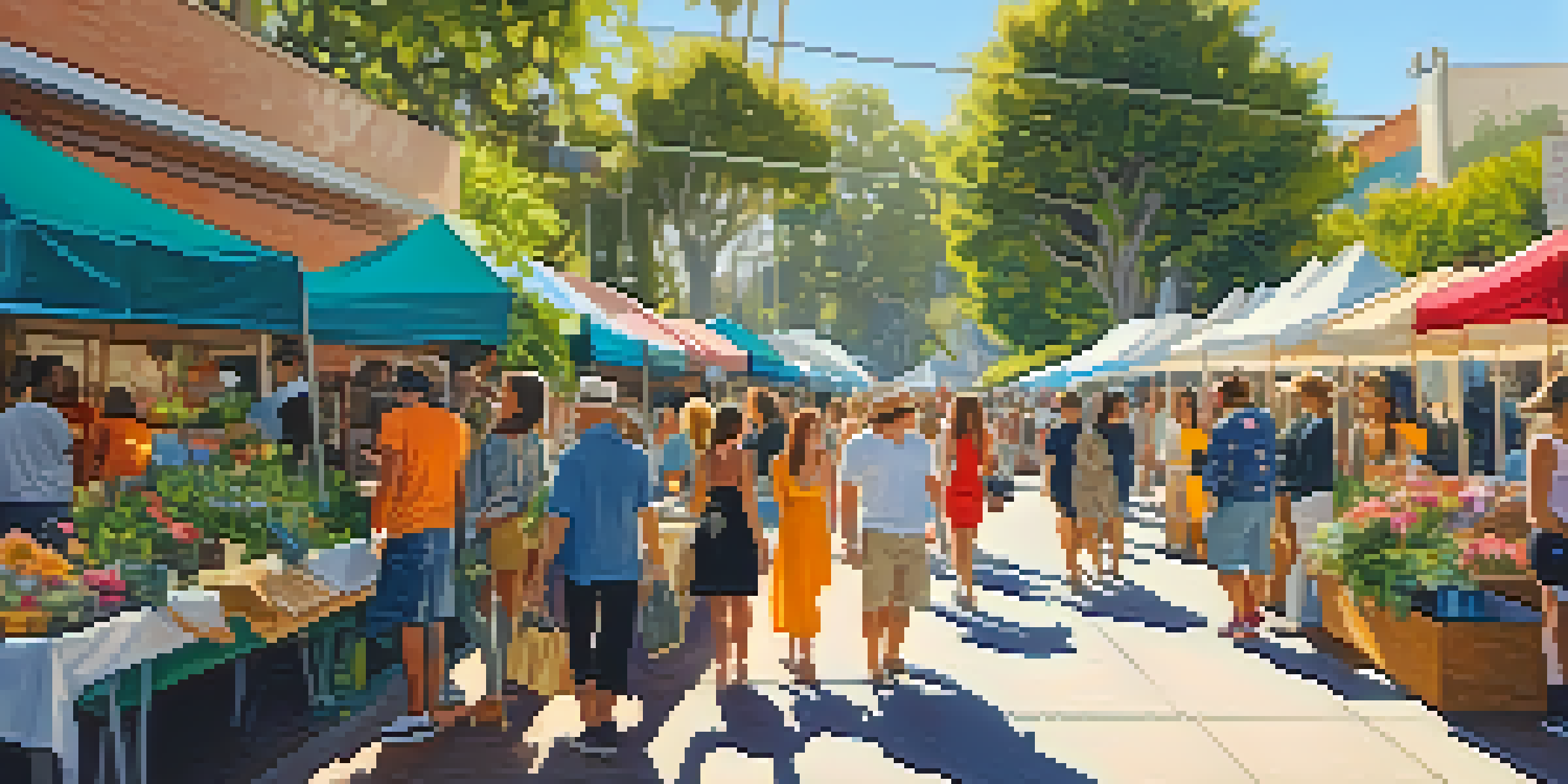 An outdoor market in Santa Monica featuring colorful clothing stalls with local fashion designers, surrounded by greenery and flowers, with sunlight filtering through the leaves.