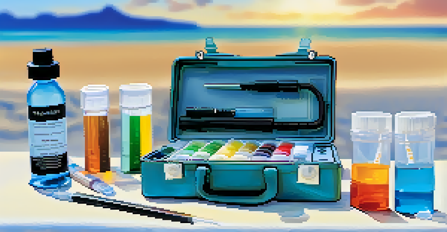 A close-up of a water quality testing kit on a table at Santa Monica beach, with test tubes and measuring equipment.