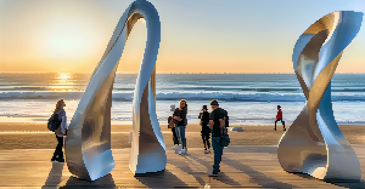 Public art installation at Santa Monica Pier featuring large sculptures, with visitors admiring the artwork against the backdrop of the ocean.