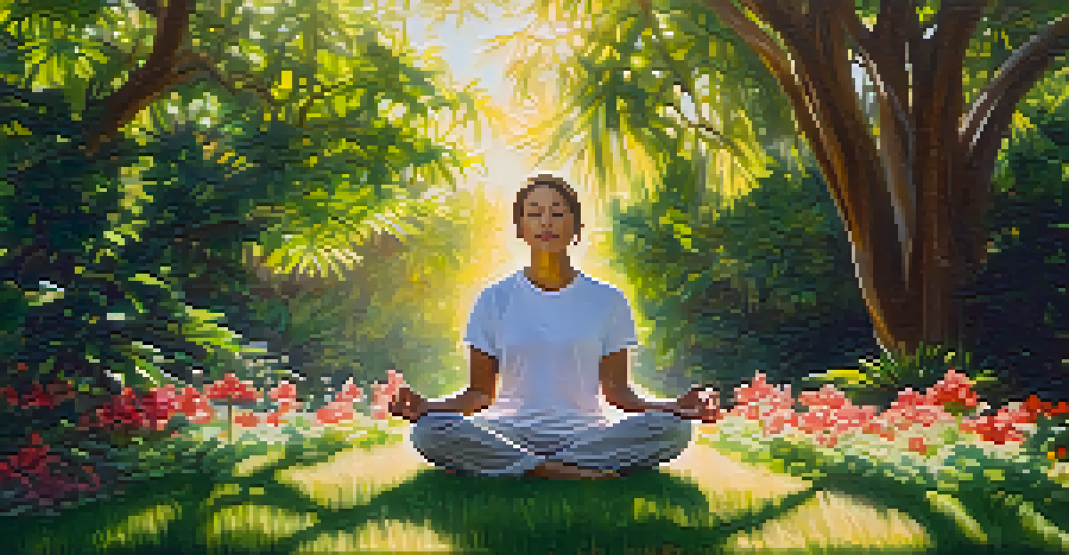 A person meditating in a green park in Santa Monica, surrounded by flowers and sunlight filtering through the leaves.