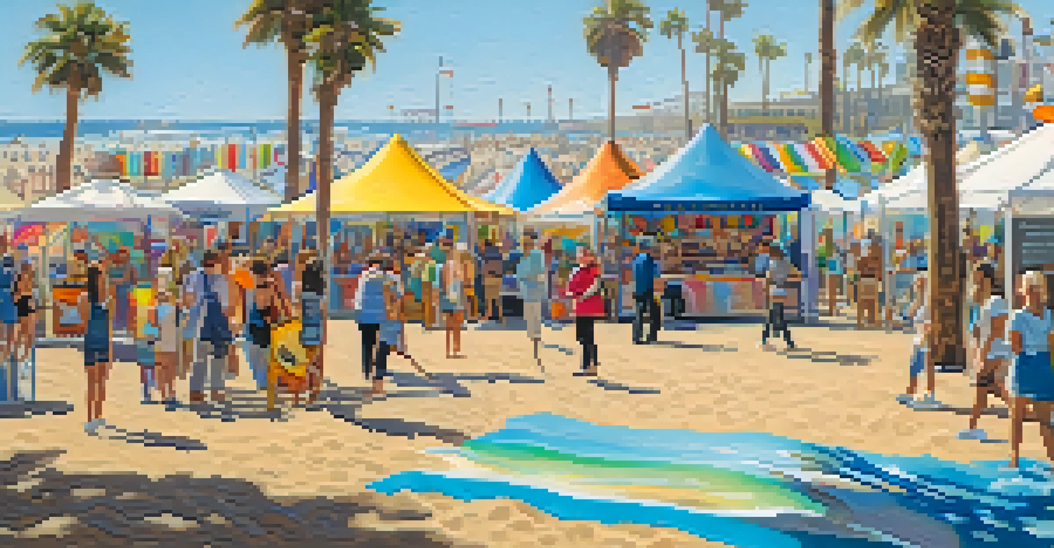 A lively local art festival at Santa Monica Beach featuring artists at work and colorful art installations, with attendees enjoying the creative atmosphere.