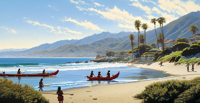 Chumash tribe members fishing in canoes along the Santa Monica coastline with vibrant waves and mountains in the background.