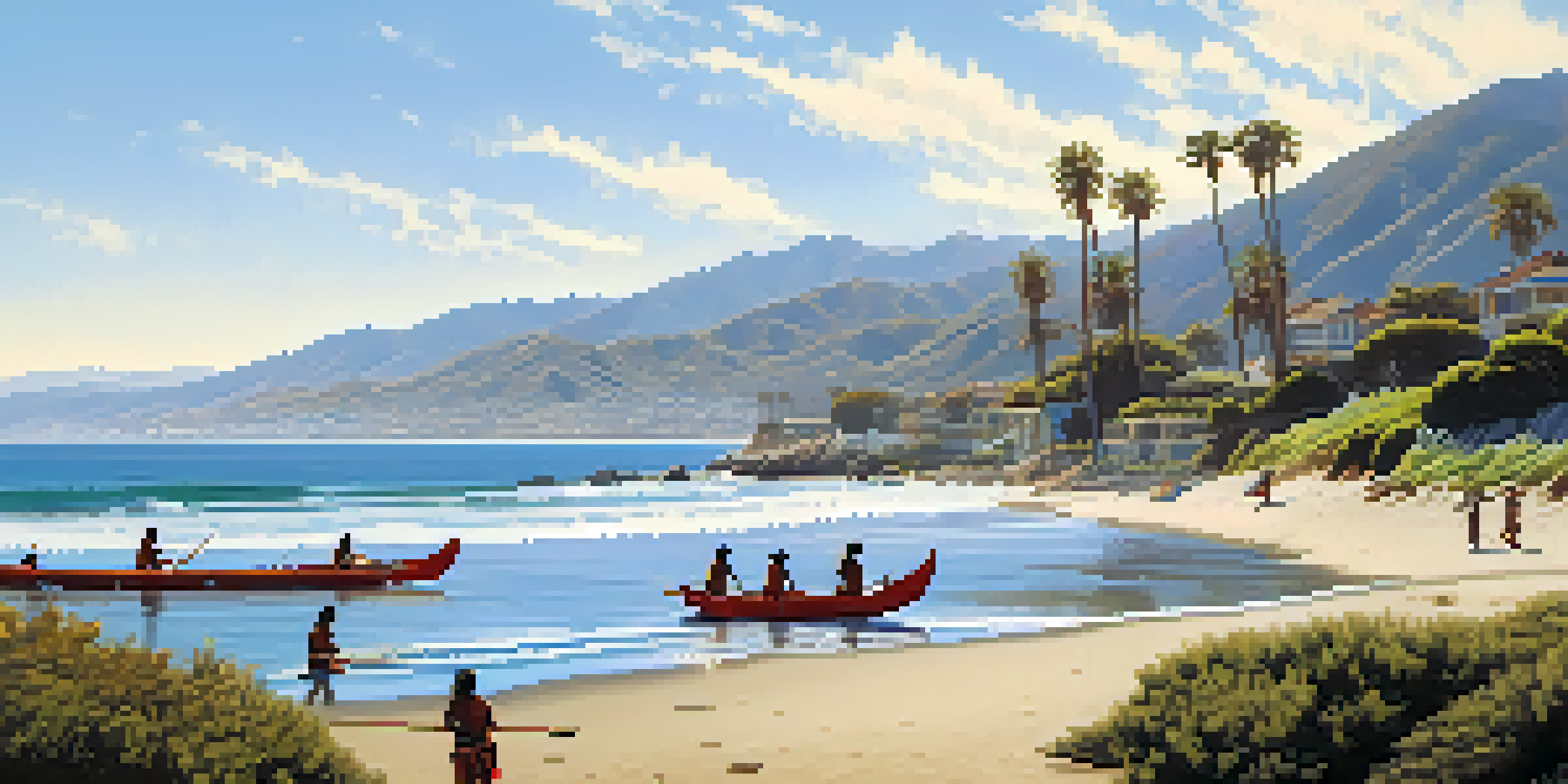 Chumash tribe members fishing in canoes along the Santa Monica coastline with vibrant waves and mountains in the background.