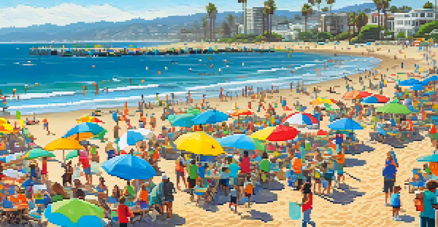 An aerial view of Santa Monica Beach with volunteers cleaning up litter and enjoying the sunny day.