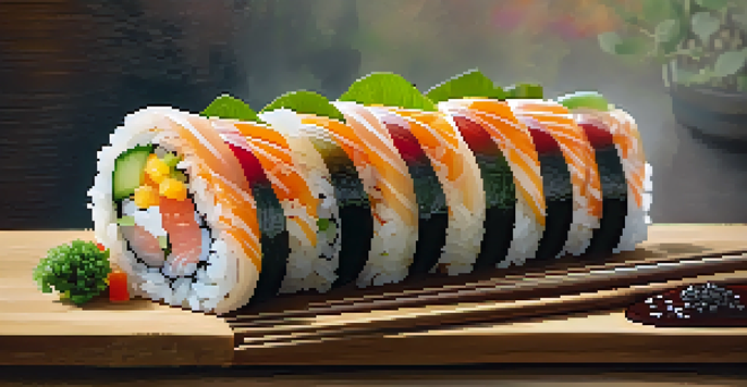A sushi burrito with colorful ingredients displayed on a wooden table, with Asian-inspired decor in the background.