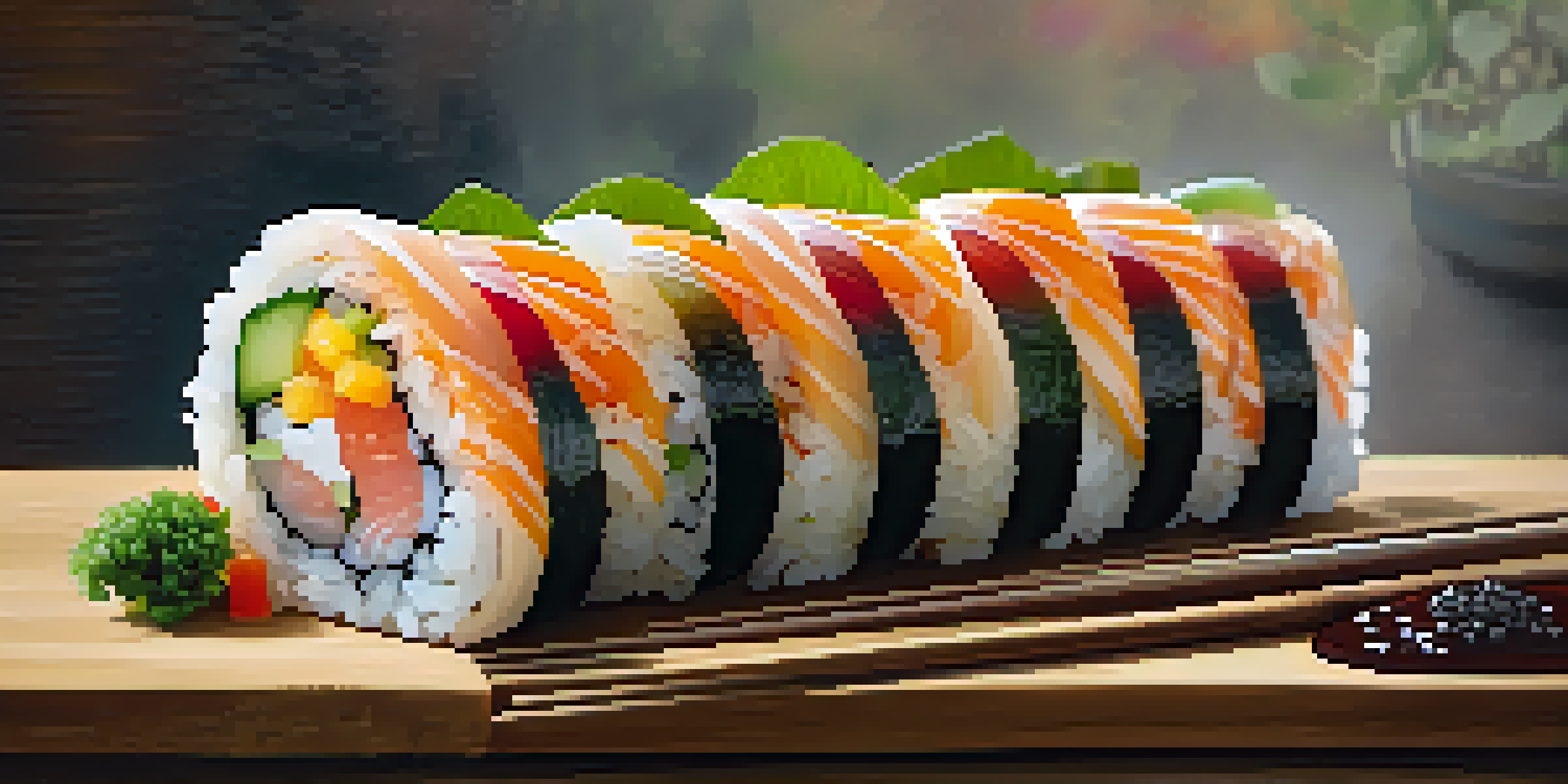 A sushi burrito with colorful ingredients displayed on a wooden table, with Asian-inspired decor in the background.