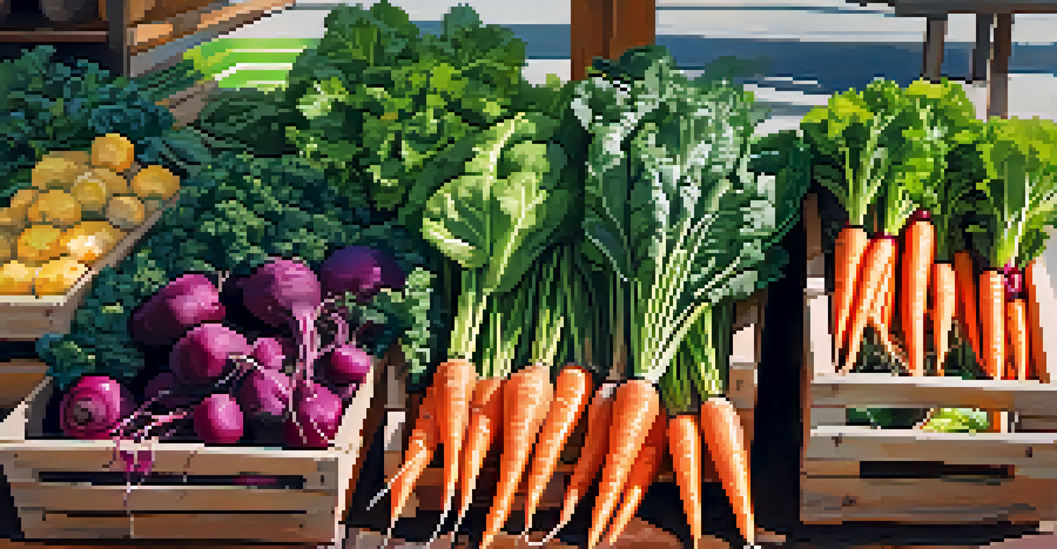 A colorful assortment of fresh vegetables including kale, spinach, carrots, and beets on a rustic wooden table in a sunny farmers market.