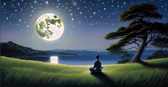 A person meditating on a grassy hilltop under a glowing full moon, surrounded by soft light orbs and a starry sky.