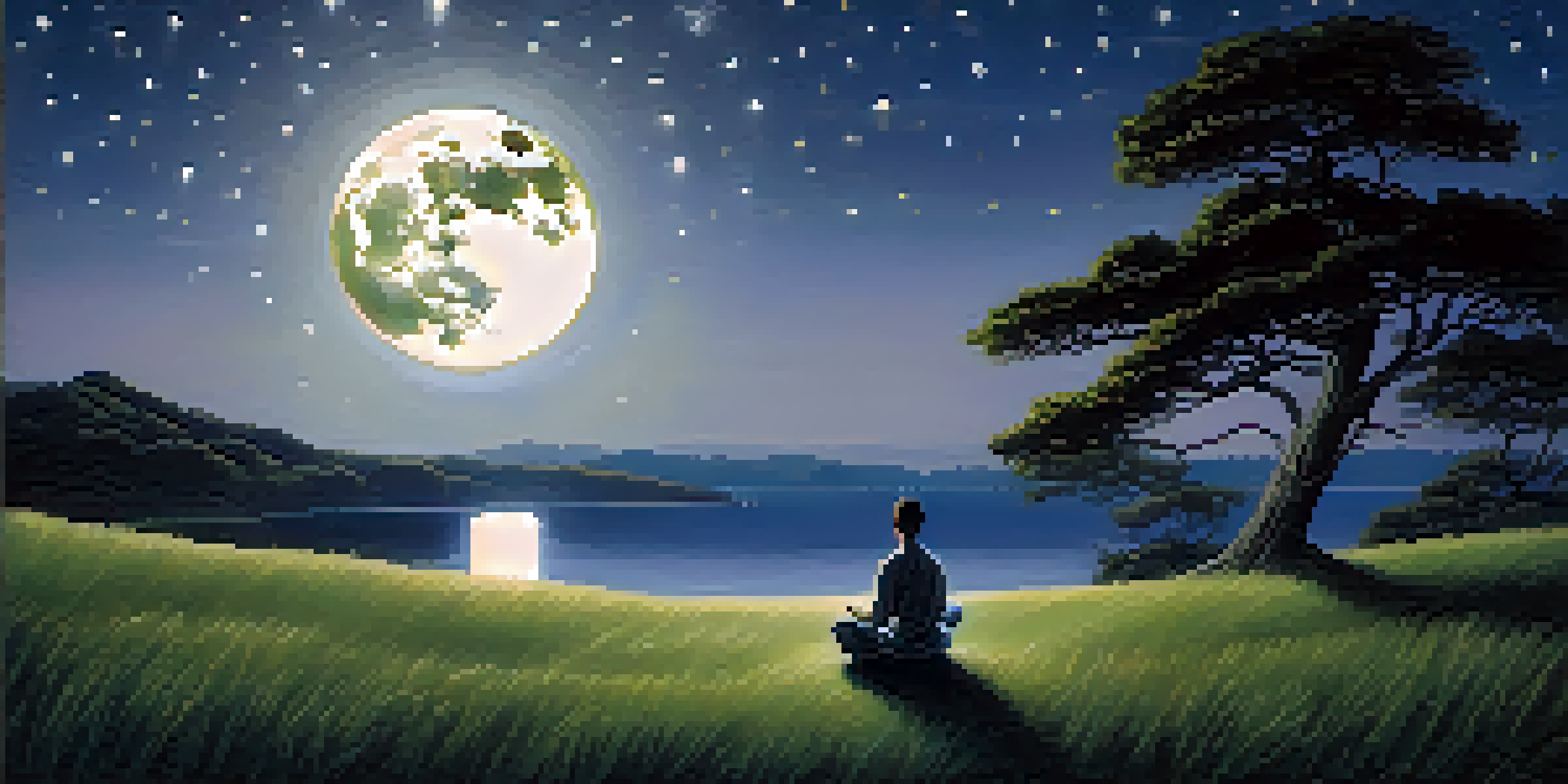 A person meditating on a grassy hilltop under a glowing full moon, surrounded by soft light orbs and a starry sky.