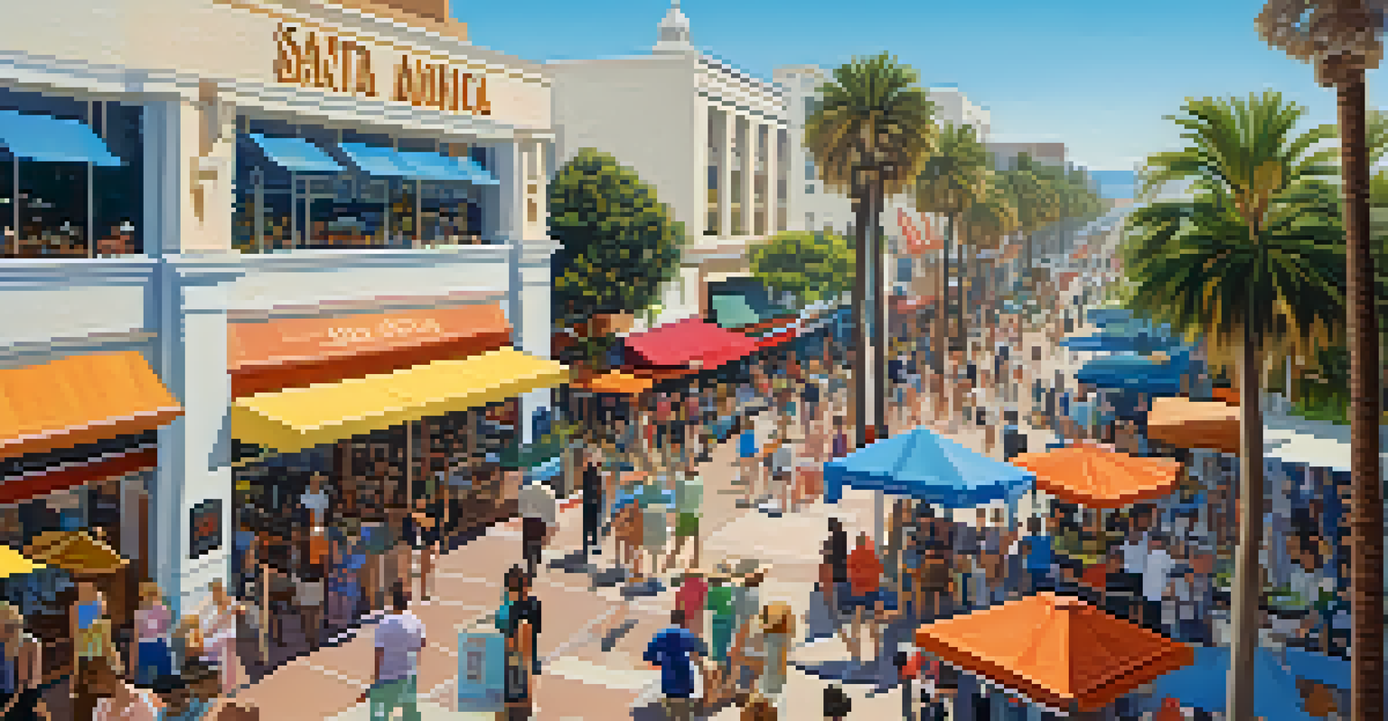 Aerial view of Santa Monica's Third Street Promenade bustling with shoppers and performers, surrounded by vibrant storefronts.