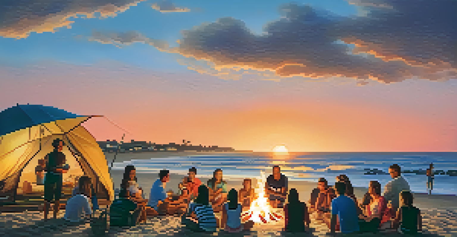 Families enjoying a beach bonfire at sunset on Malibu Beach.
