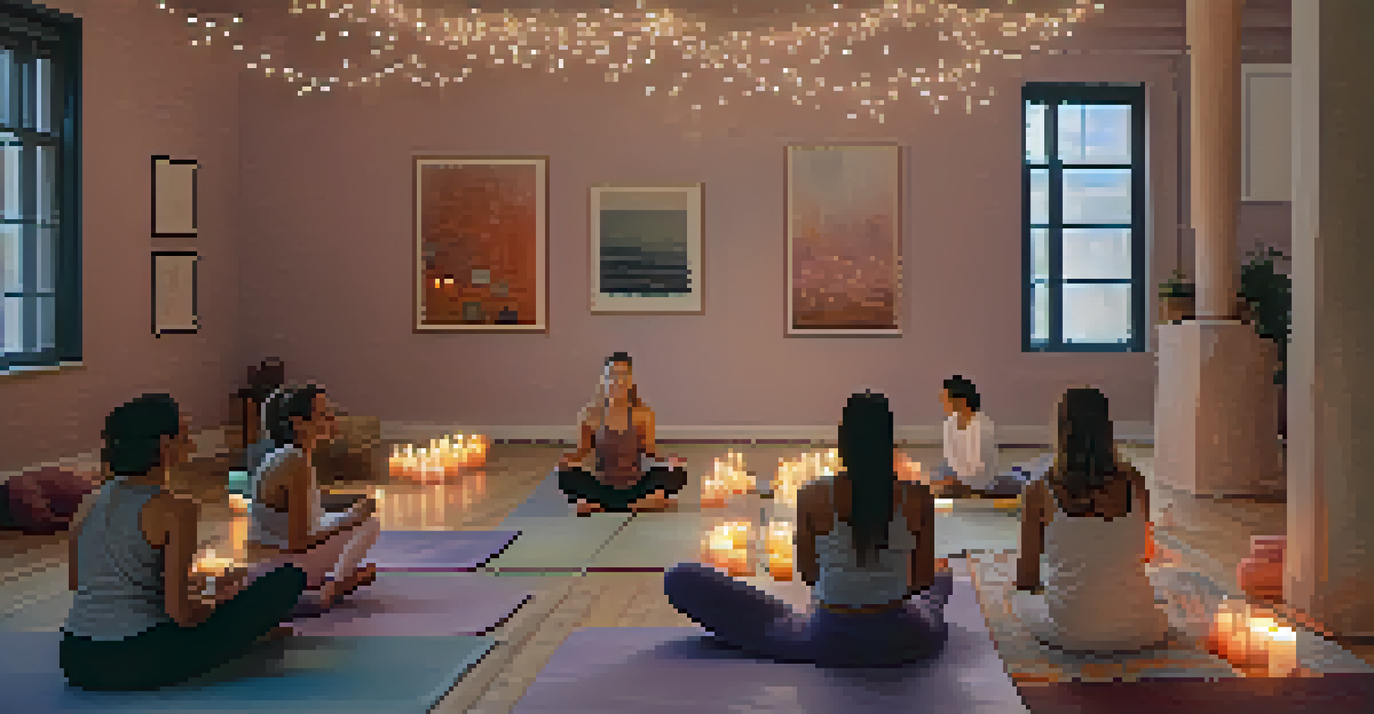 A cozy yoga studio with students in a restorative yoga class, illuminated by soft lights and candles.