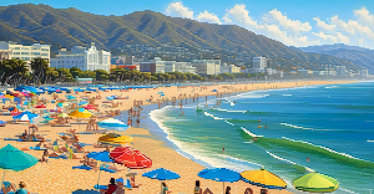 A wide view of Santa Monica's coastline with people on the beach and mountains in the background.