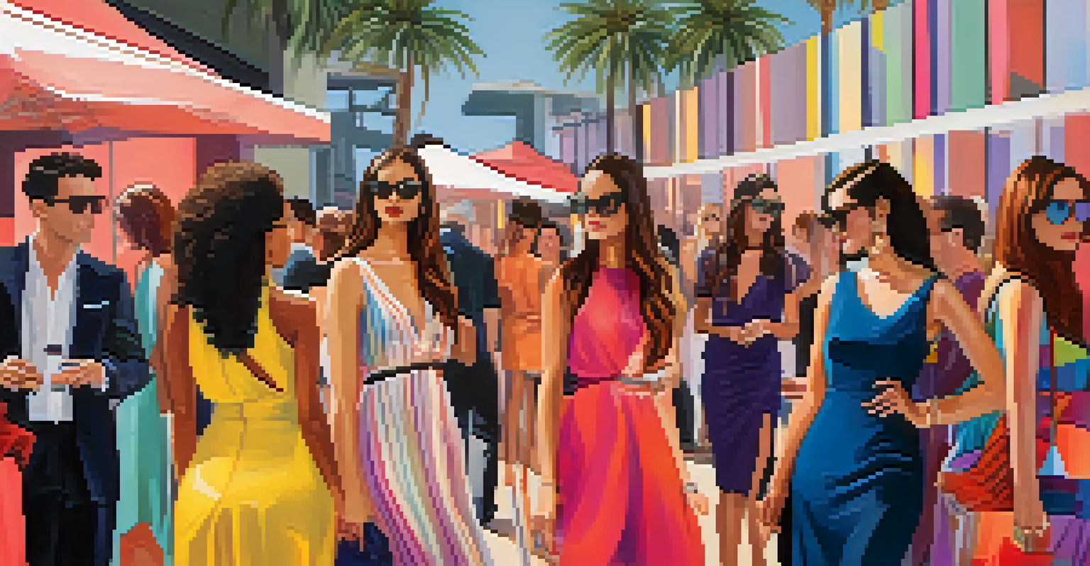 A bustling after-party at Santa Monica Fashion Week, with designers networking and sharing ideas in a colorful and stylish environment.