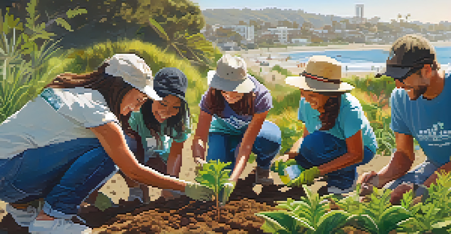 Community volunteers planting native plants in Santa Monica with a vibrant ocean view in the background.