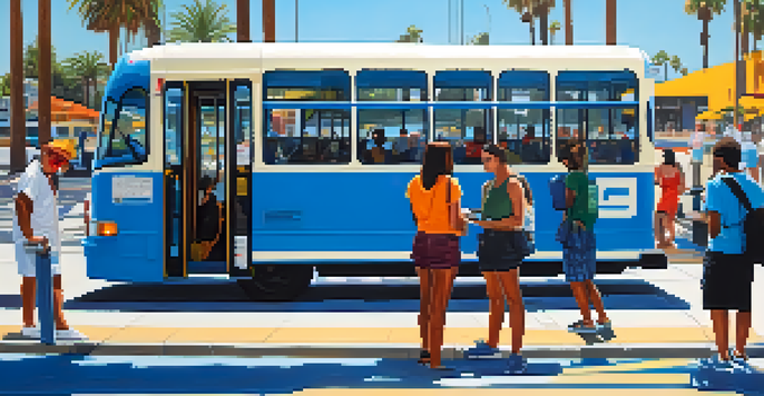 A Santa Monica bus stop with the Big Blue Bus and diverse passengers waiting, palm trees, and a beach view in the background.