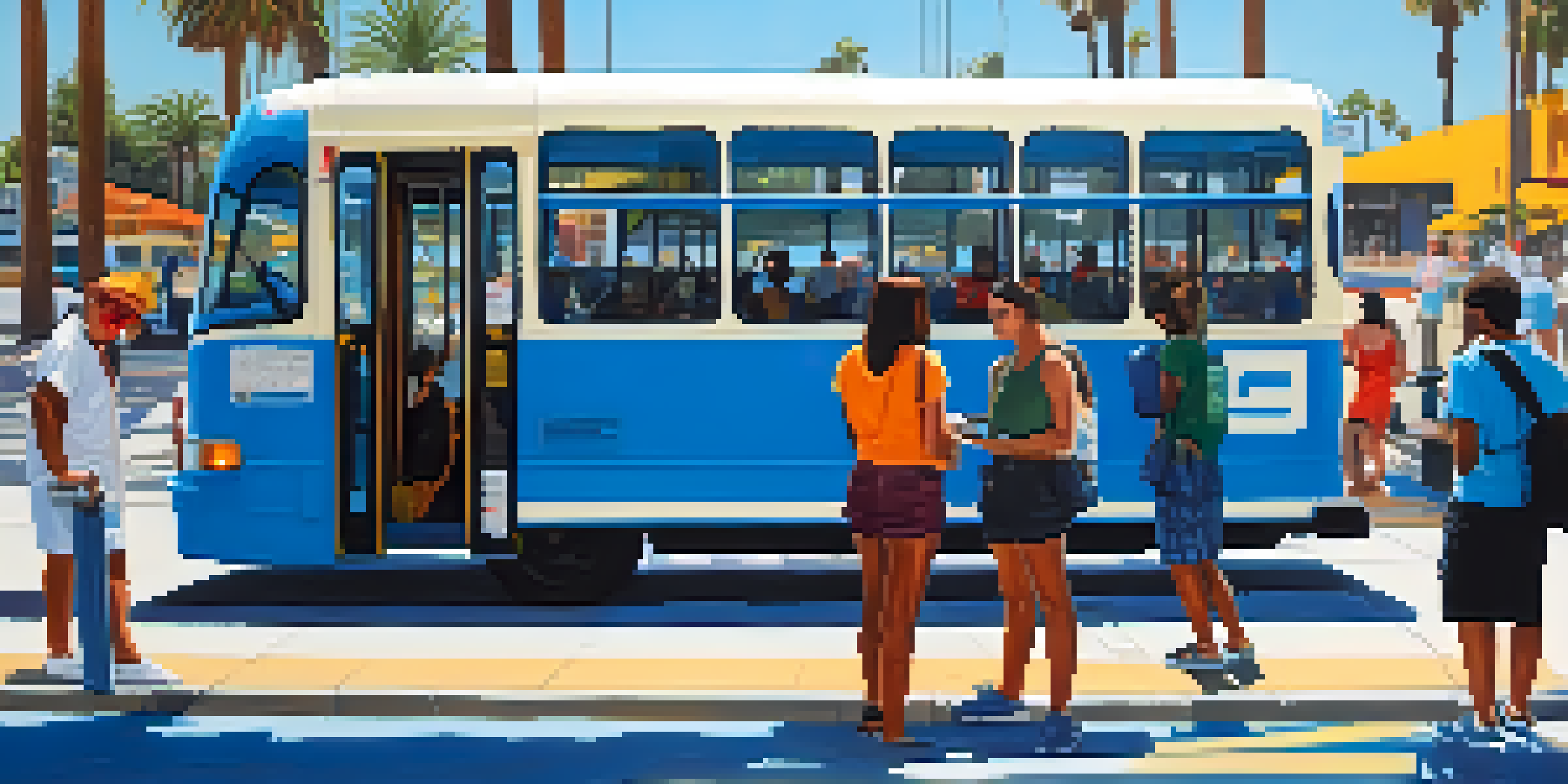 A Santa Monica bus stop with the Big Blue Bus and diverse passengers waiting, palm trees, and a beach view in the background.