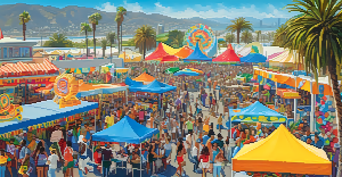 A lively community festival in Santa Monica featuring diverse cultural booths and people enjoying food and art activities under a clear blue sky.