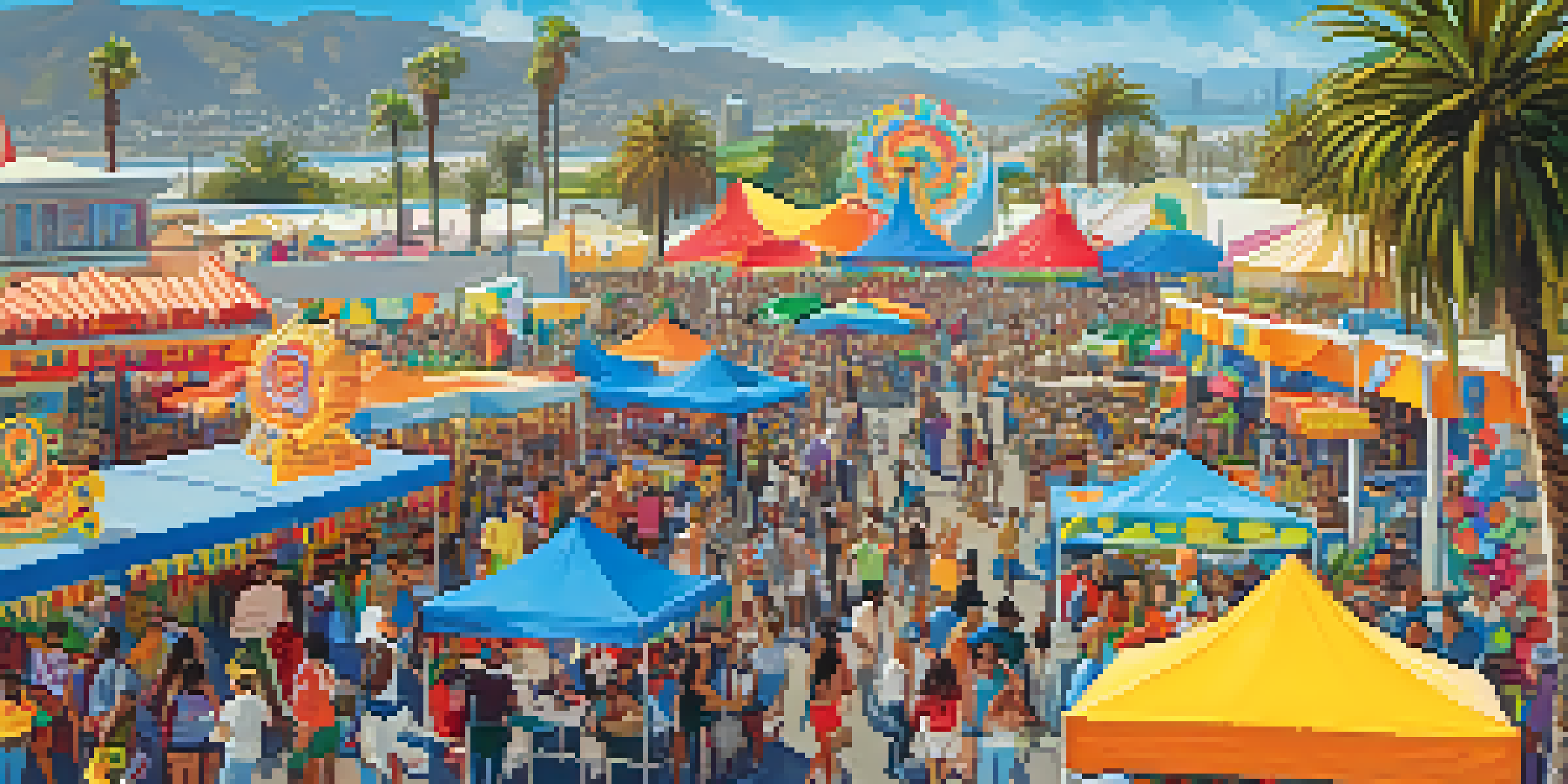 A lively community festival in Santa Monica featuring diverse cultural booths and people enjoying food and art activities under a clear blue sky.