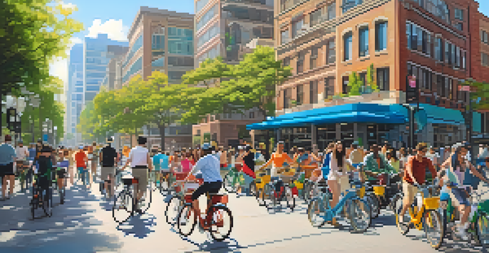 A lively urban street with a bike-sharing station, bright bicycles, and diverse people enjoying the sunny day.