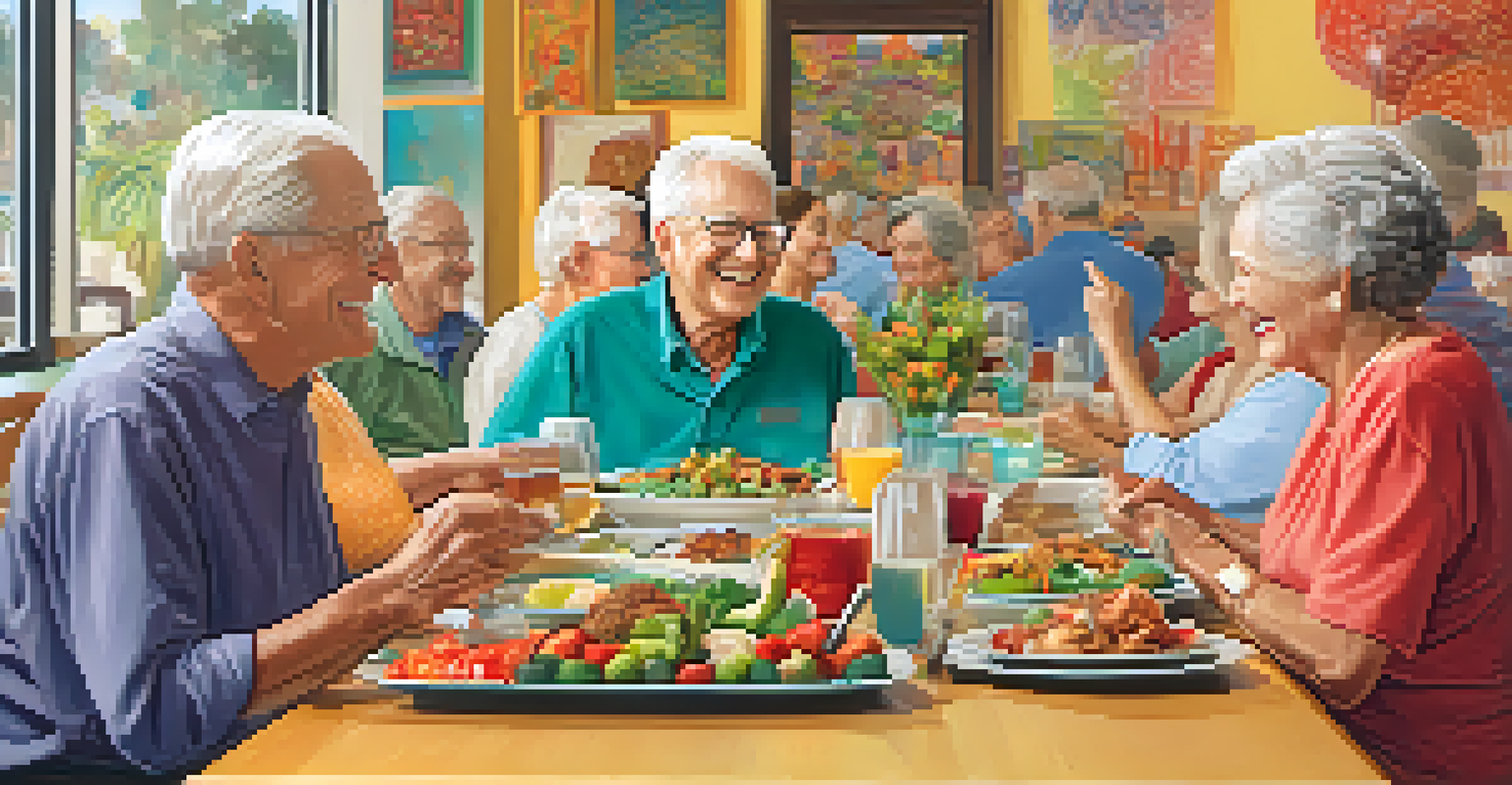An elderly couple sharing a meal at a communal dining table, surrounded by a warm and friendly atmosphere.