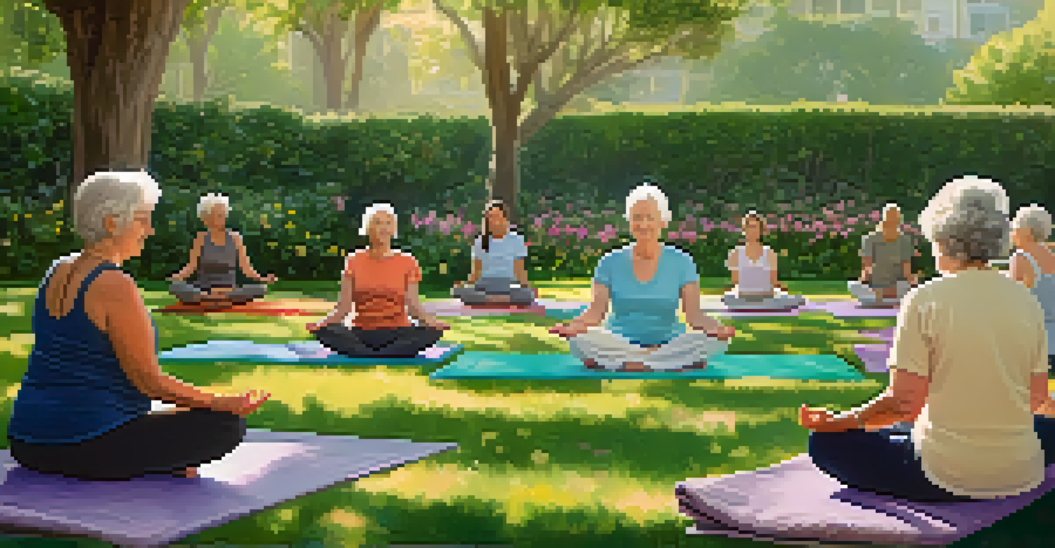 Seniors practicing yoga outdoors in a park, surrounded by greenery and flowers, under soft morning light.