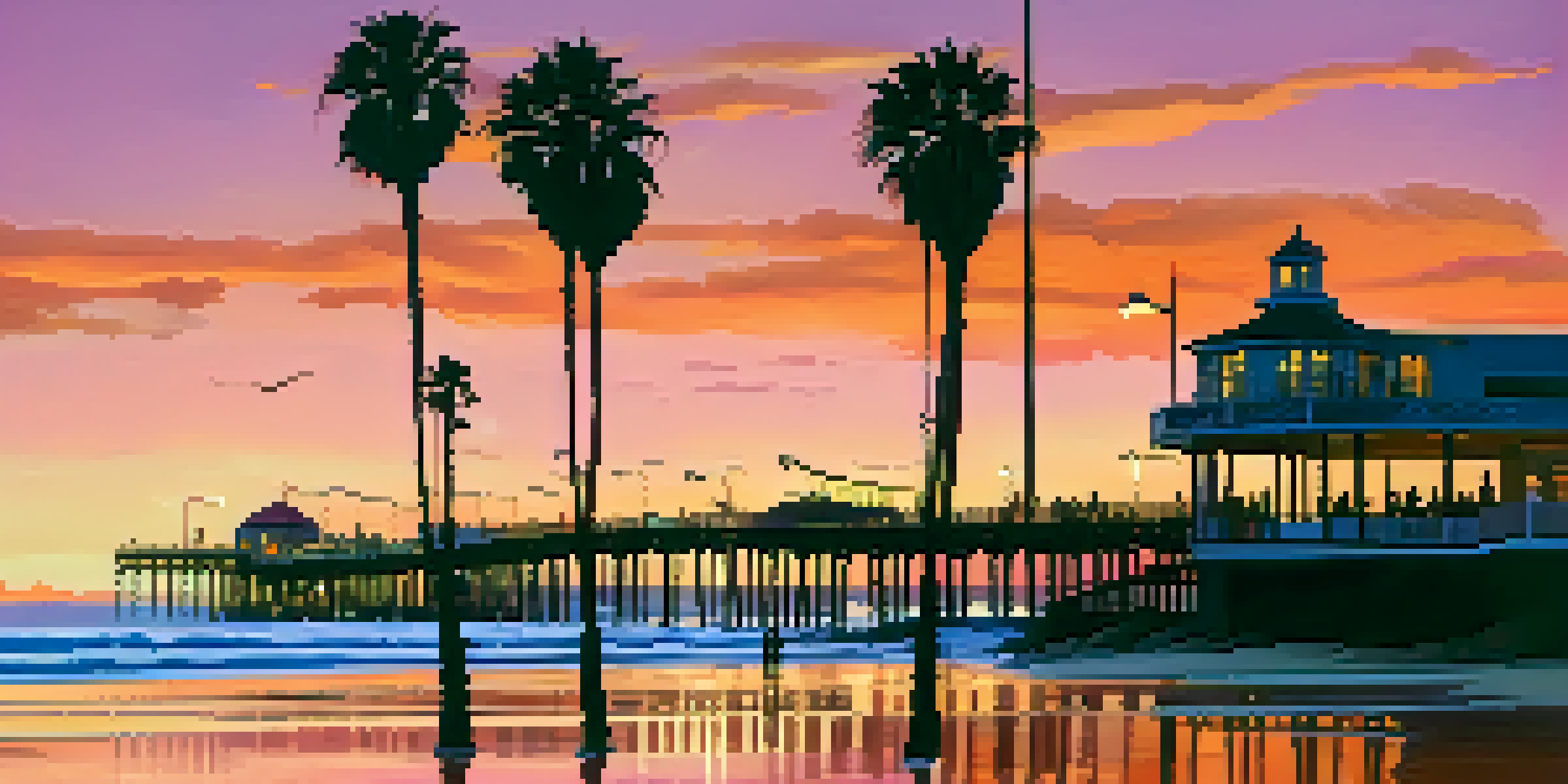A beautiful sunset over Santa Monica beach, featuring the pier and palm trees.