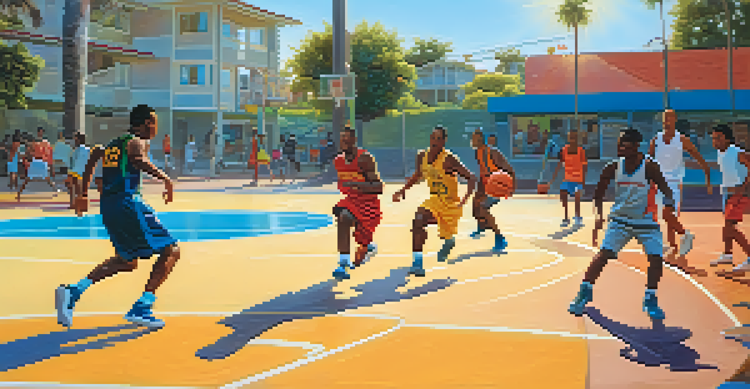 Friends playing basketball in Ocean View Park with the ocean in the background.