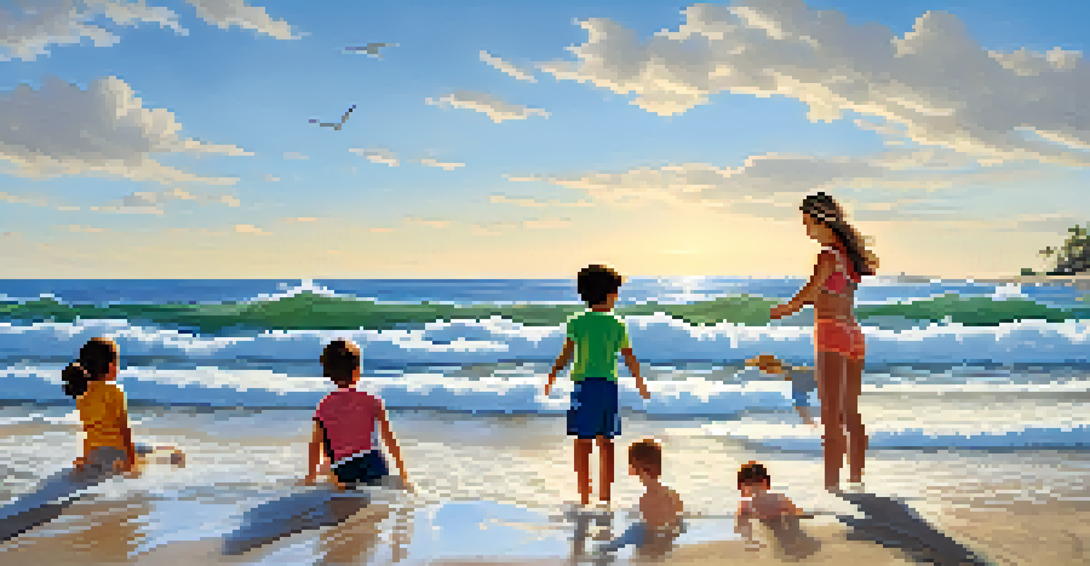 A parent teaching children about rip currents on a beach, demonstrating swimming techniques.