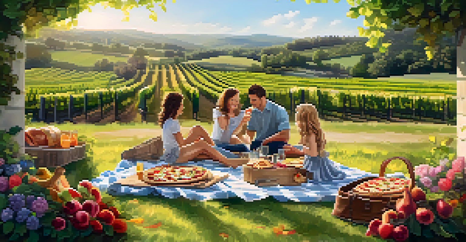 A picnic at a winery featuring gourmet food and families enjoying the outdoors amidst vineyards.