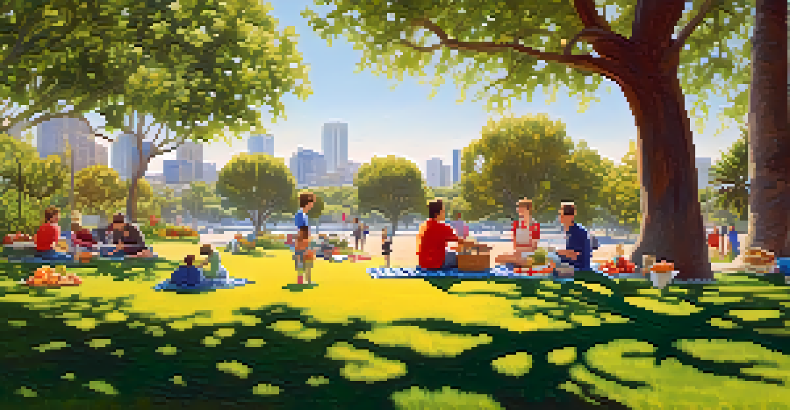 A family enjoying a healthy picnic in a park in Santa Monica, surrounded by green grass and trees under a blue sky.