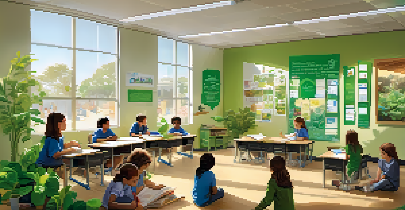 Students in a classroom discussing sustainability initiatives as part of their school's 'Green Team'.