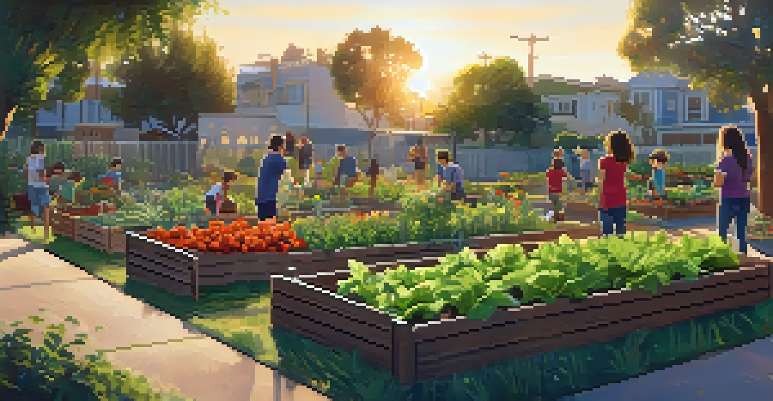 A community garden in Santa Monica with people planting vegetables and herbs during sunset.