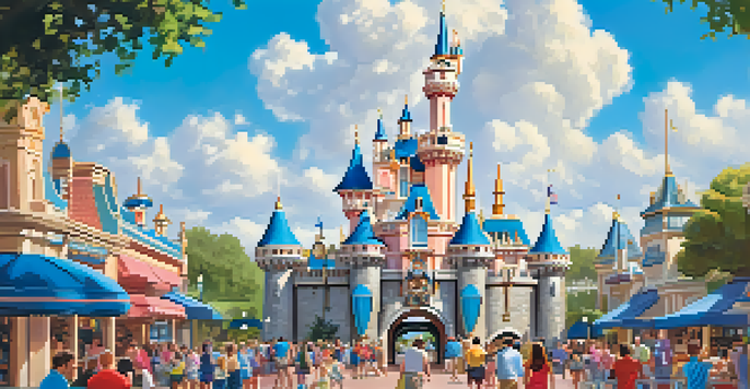 Families having fun at Disneyland Resort with colorful attractions and children in Mickey ears.