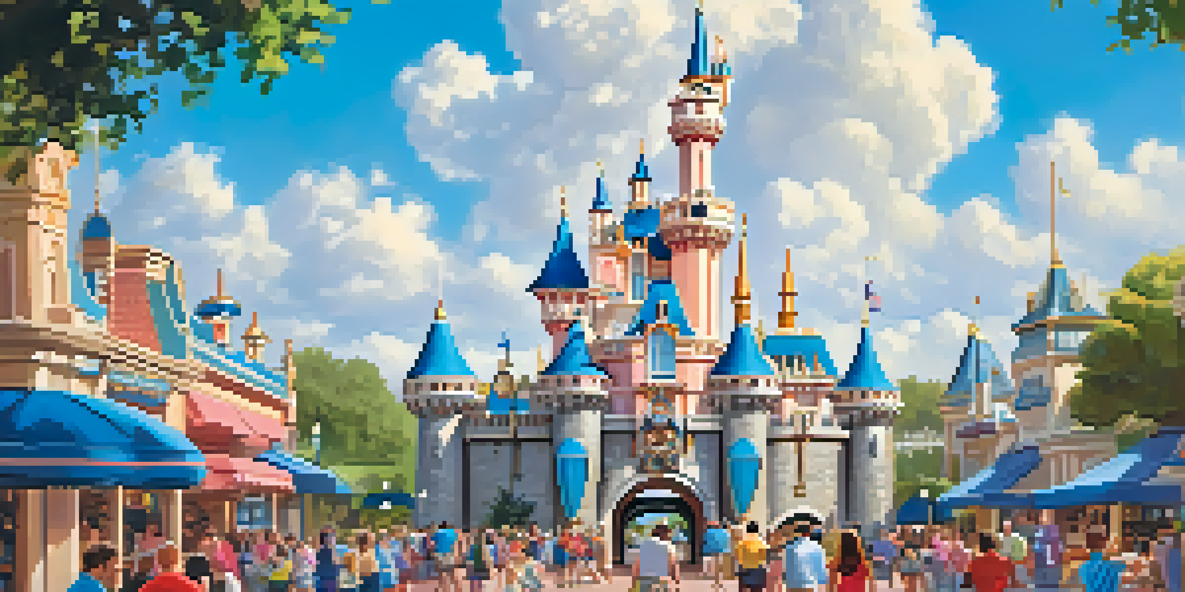 Families having fun at Disneyland Resort with colorful attractions and children in Mickey ears.