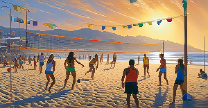 A lively beach volleyball game at Santa Monica Beach, with players and spectators enjoying the sunny day and the iconic pier in the background.
