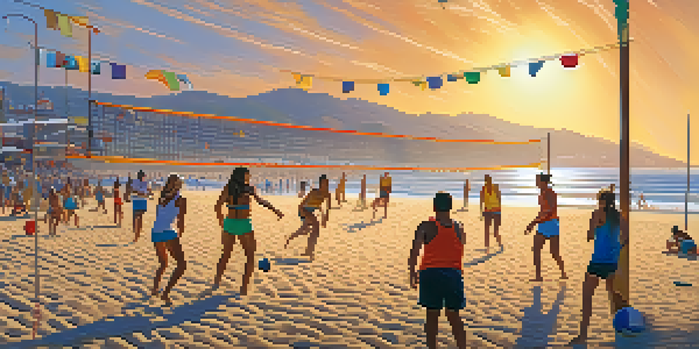 A lively beach volleyball game at Santa Monica Beach, with players and spectators enjoying the sunny day and the iconic pier in the background.