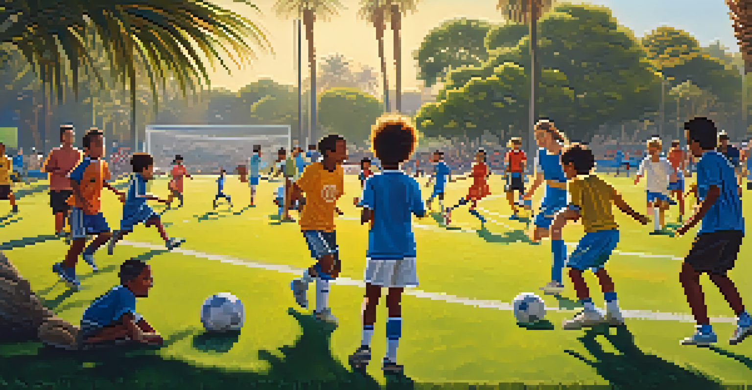 Young athletes playing soccer in a park in Santa Monica, with spectators cheering on the sidelines.