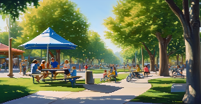A peaceful park scene with families having a picnic, lush grass, and a playground in the background under warm sunlight.